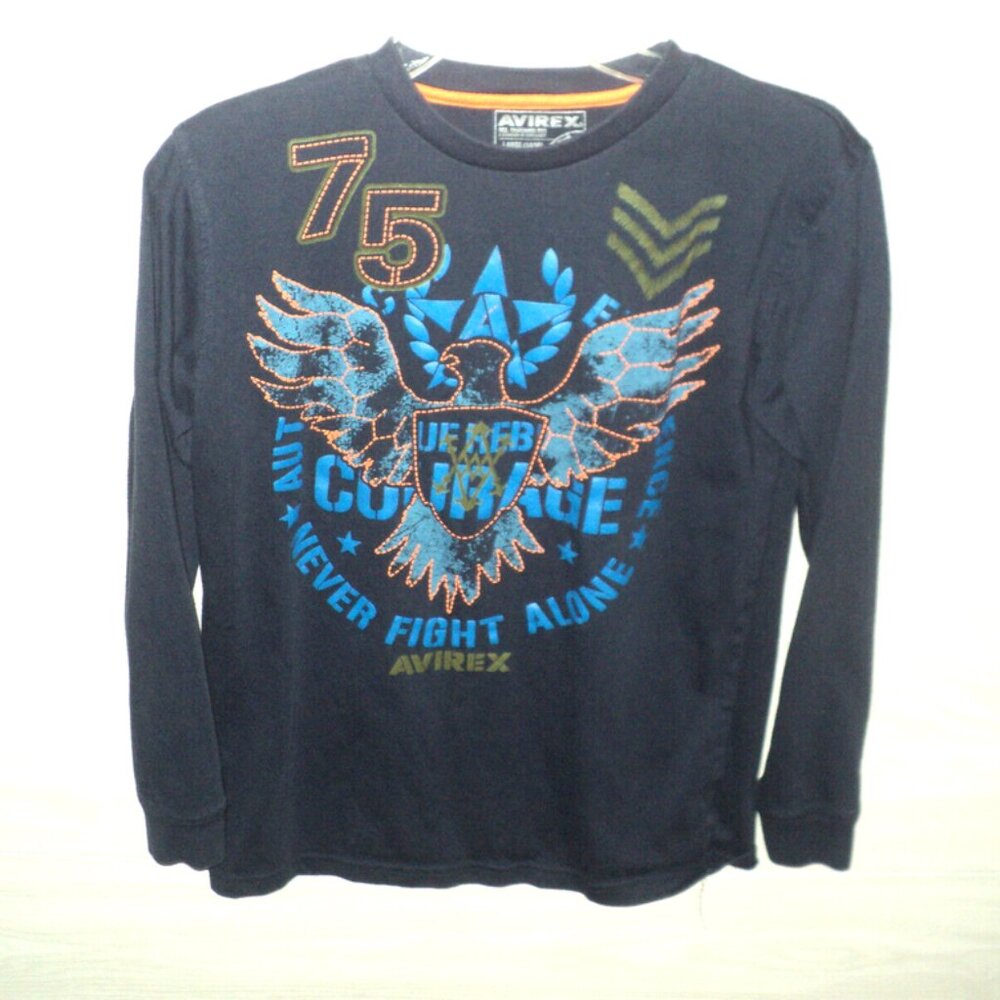 Avirex Boy's Sz L Long-Sleeved Tee Dark Navy 75 Never Fight Alone Courage Eagle